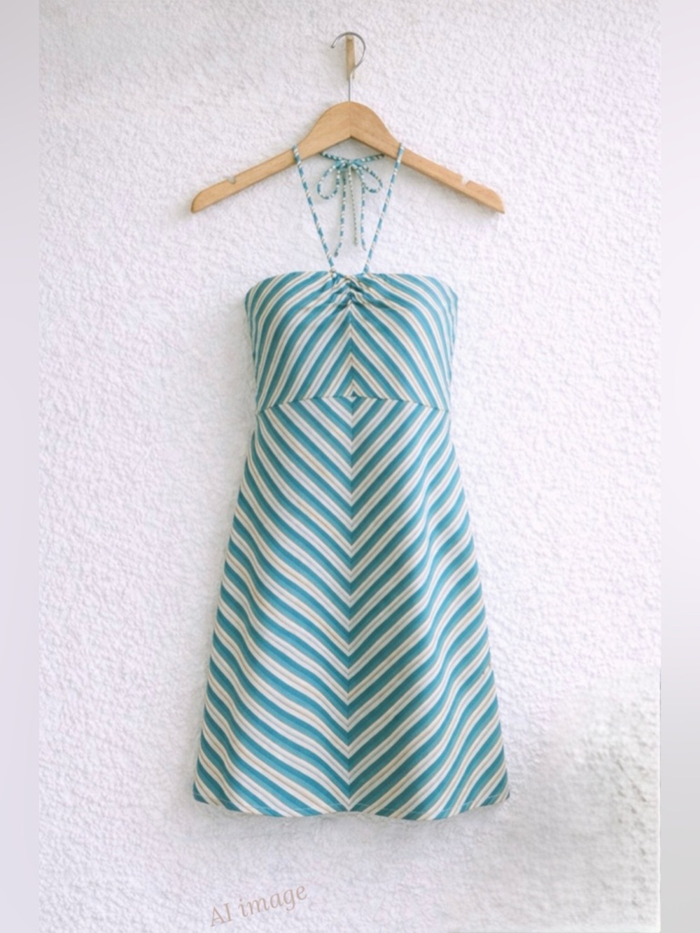 Vintage 90s Esprit Halter Mini Dress Chevron Stripe Turquoise XS/S